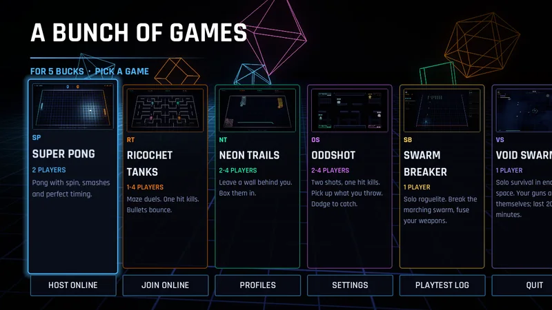 The game picker, with cards for Super Pong, Ricochet Tanks, Neon Trails, Oddshot and more