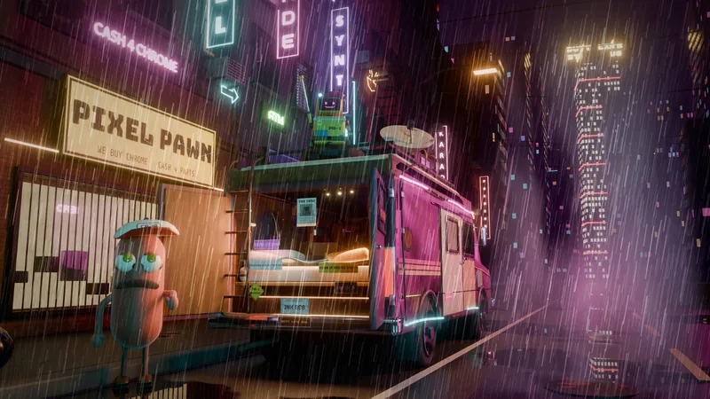 A pink camper van parked in a rainy neon alley, with a small robot on the roof