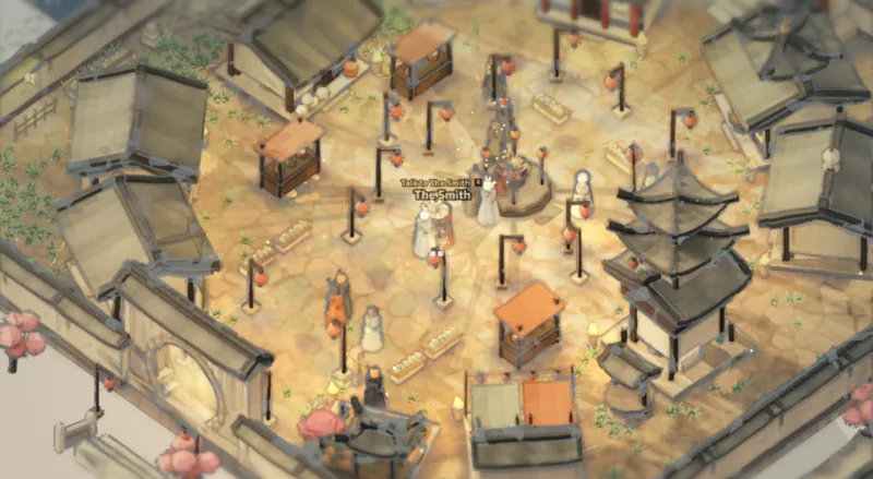 An ink-and-wash village square with pagodas, lanterns and market stalls