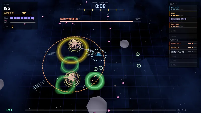 A boss fight against two wardens circled by green rings
