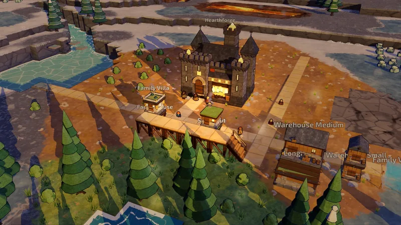 A dwarven hold with a glowing forge, timber houses and pine trees on a snowy slope