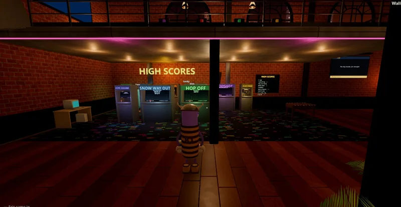 A brick warehouse arcade with a high scores sign and a row of cabinets